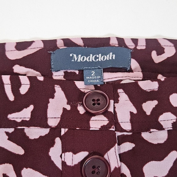 ModCloth Skirt Womens 2 Burgundy Pink Leopard Pleated Button Front A Line - Picture 3 of 7